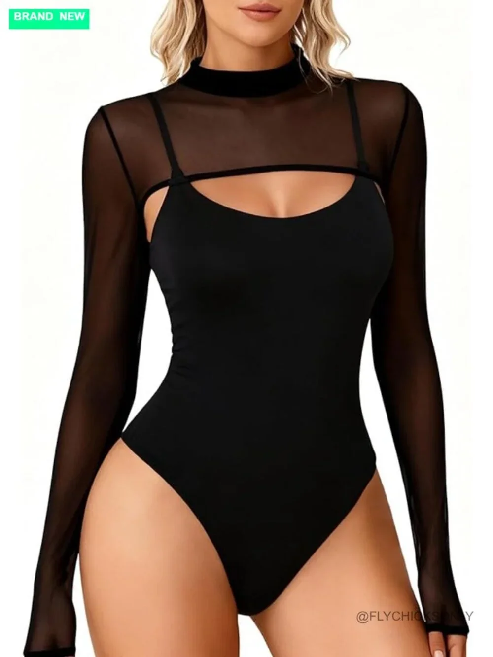 Mesh Long Sleeve Bodysuit Two Piece Outfit Cami Top Shapewear Thong